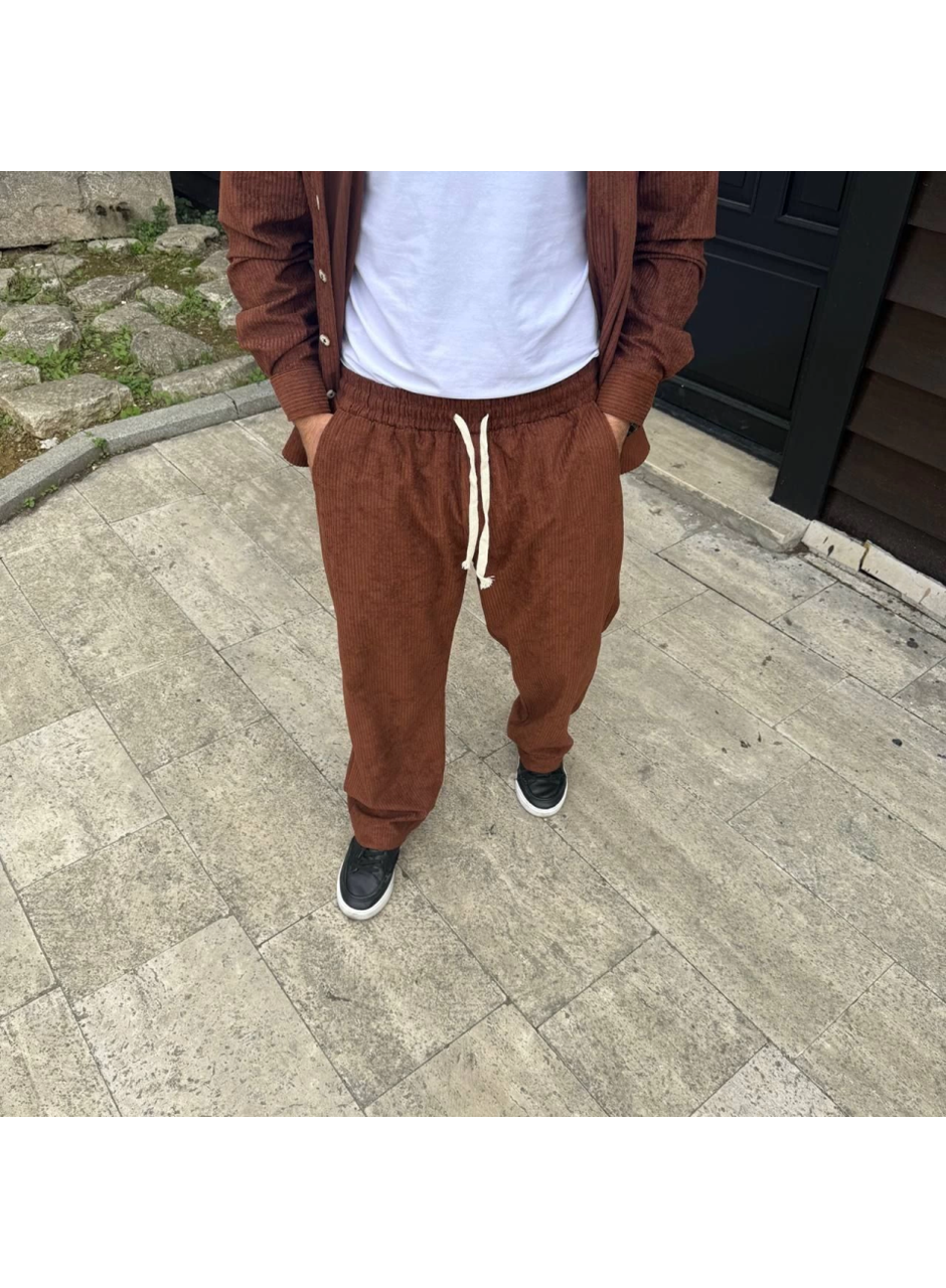 Erkek Fitilli Kadife Cepli Buggy Pantolon Oversize Rahat Kalıp - Kahverengi