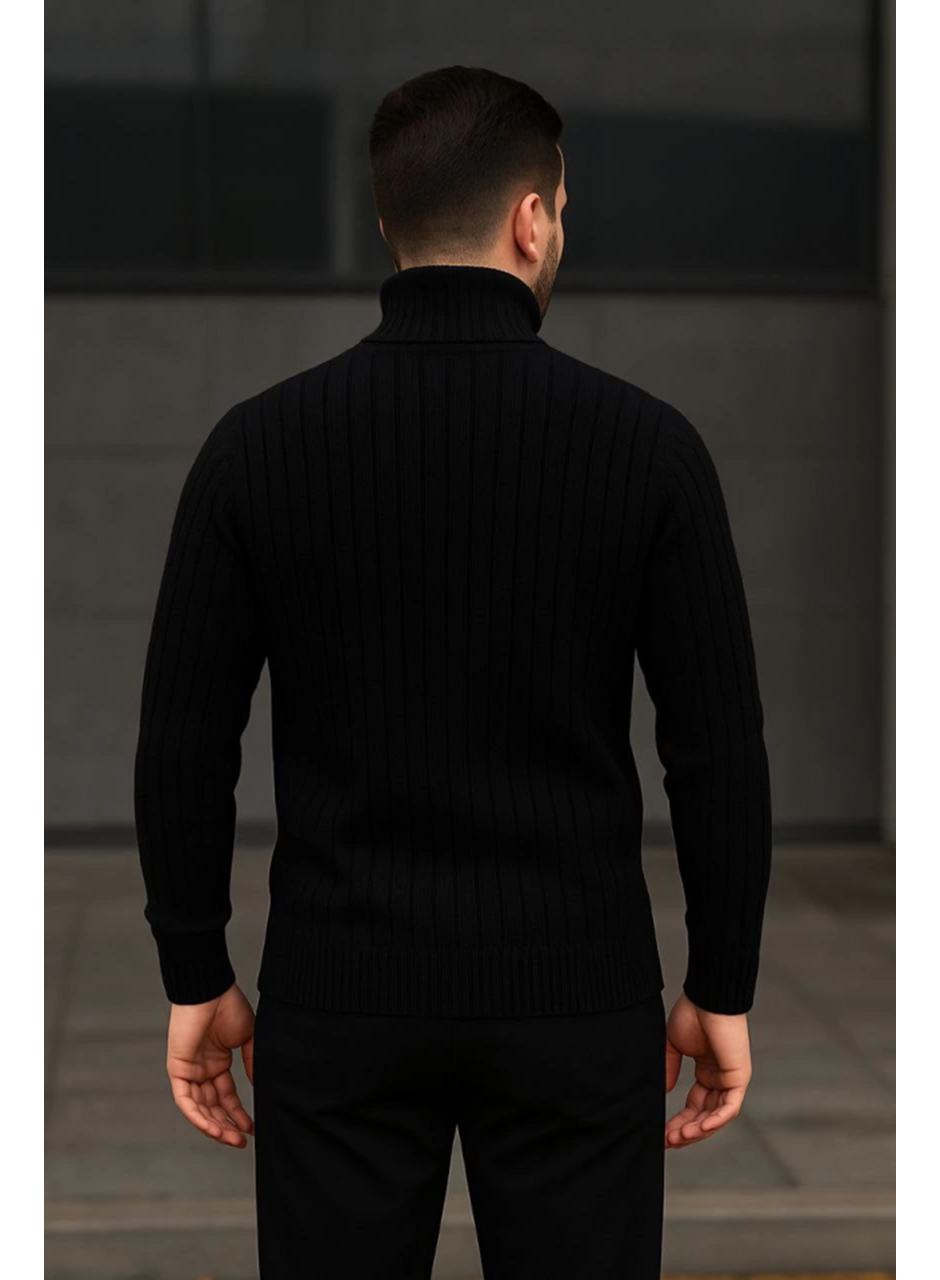 Erkek Balıkcı Yaka Bağazlı Triko Kazak Pamuklu Kalın Fitilli Dokuma, Regular Fit Uzun Kollu Kışlık Model - Siyah
