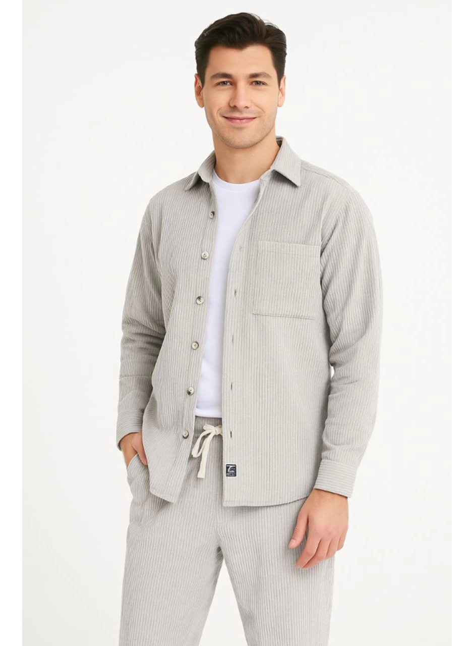Erkek Kadife Oversize Takım – Gömlek Ve Pantolon İkili Set Füme Corduroy Şıklığı, Rahat Ve Zarif Duruş Yumuşak Dokulu Kadife Kumaş, Düğmeli Gömlek Üst Ve Lastikli Pantolon Alt Parça Ile Gün Boyu Konfor- Gri
