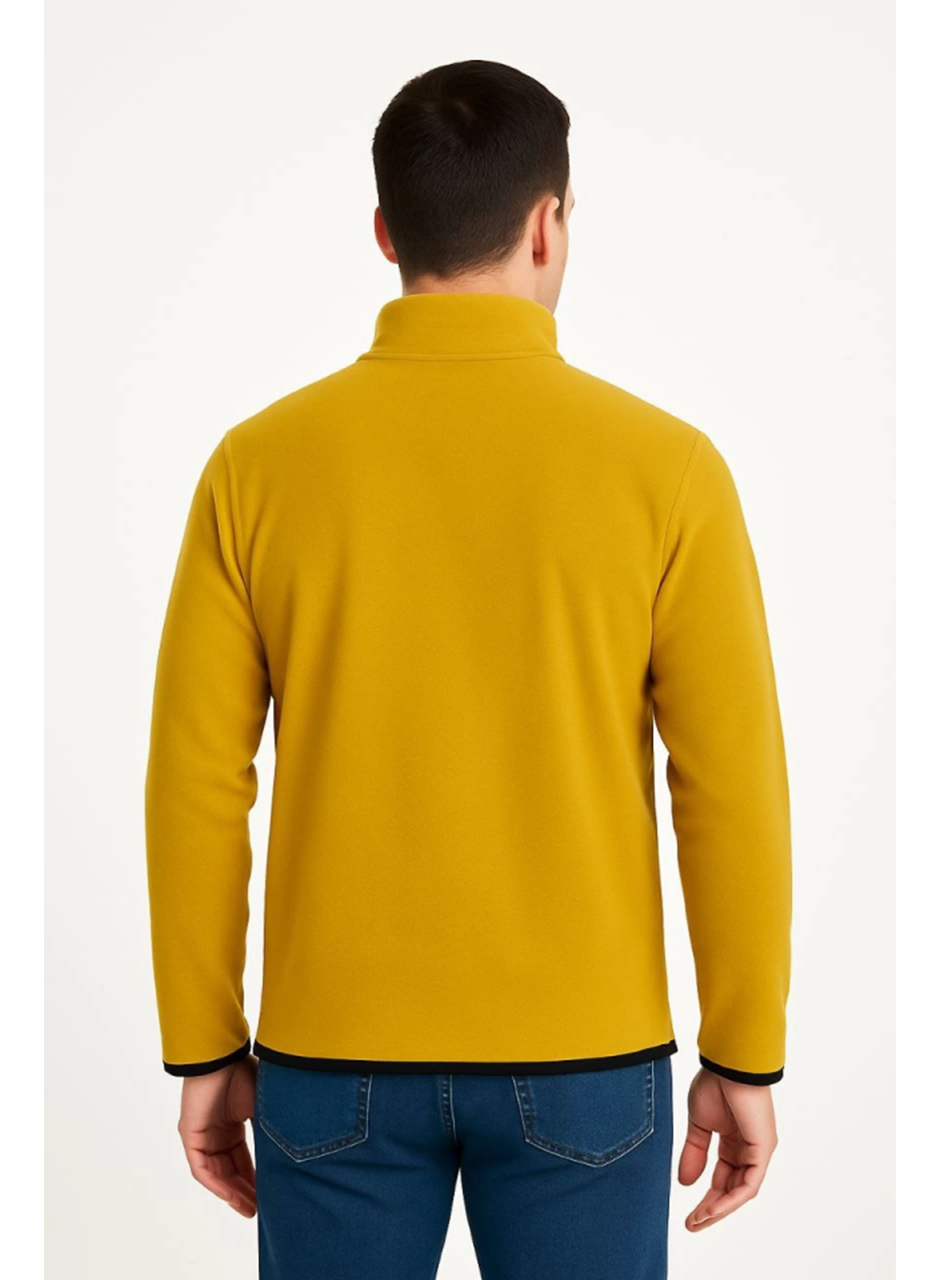 Erkek Polar Kazak – Dik Yaka, Yarım Fermuarlı, Fermuarlı Göğüs Cepli, Siyah Biyeli, Kışlık Rahat Regular Fit Günlük Model - Sarı