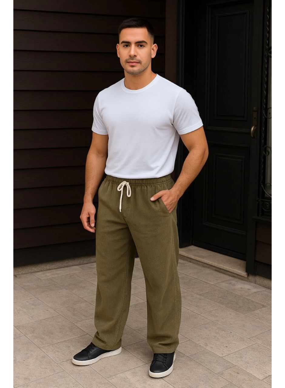 Erkek Fitilli Kadife Cepli Buggy Pantolon Oversize Rahat Kalıp - Haki