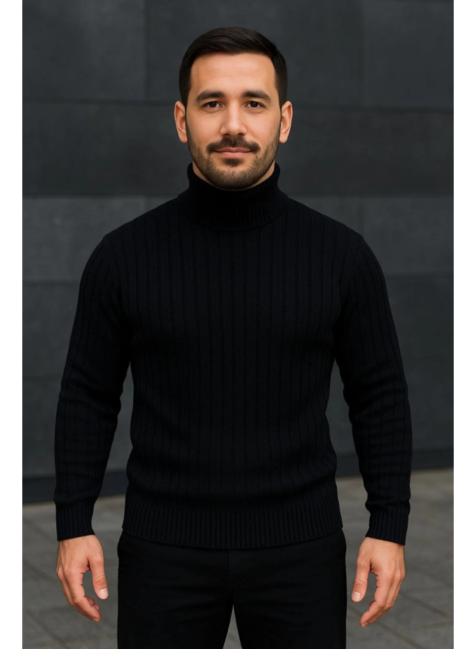 Erkek Balıkcı Yaka Bağazlı Triko Kazak Pamuklu Kalın Fitilli Dokuma, Regular Fit Uzun Kollu Kışlık Model - Siyah