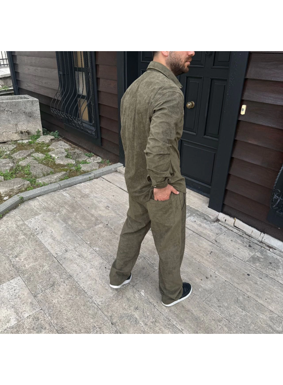 Erkek Fitilli Kadife Cepli Buggy Pantolon Oversize Rahat Kalıp - Haki