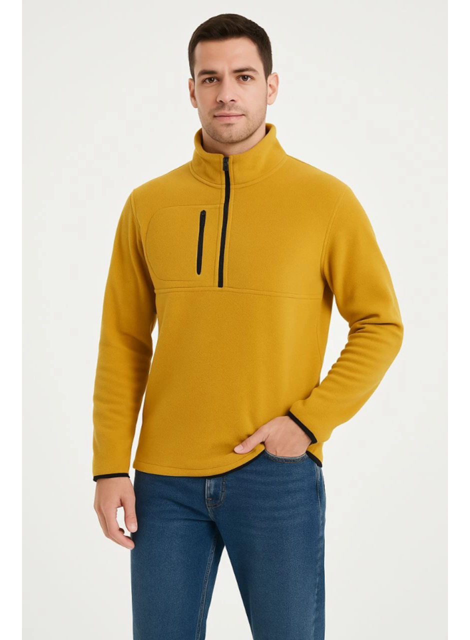 Erkek Polar Kazak – Dik Yaka, Yarım Fermuarlı, Fermuarlı Göğüs Cepli, Siyah Biyeli, Kışlık Rahat Regular Fit Günlük Model - Sarı