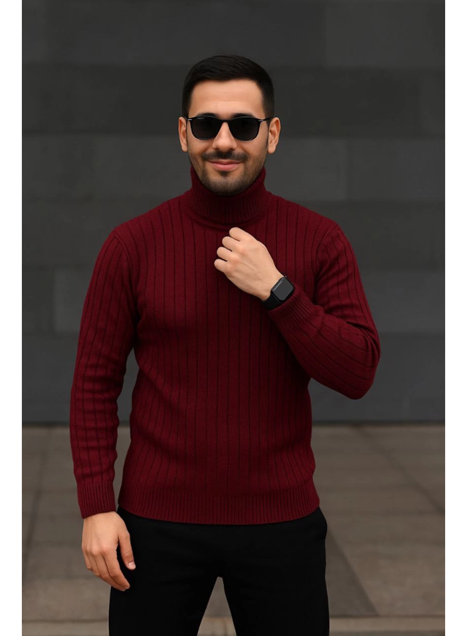 Erkek Balıkcı Yaka Bağazlı Triko Kazak Pamuklu Kalın Fitilli Dokuma, Regular Fit Uzun Kollu Kışlık Model - Bordo