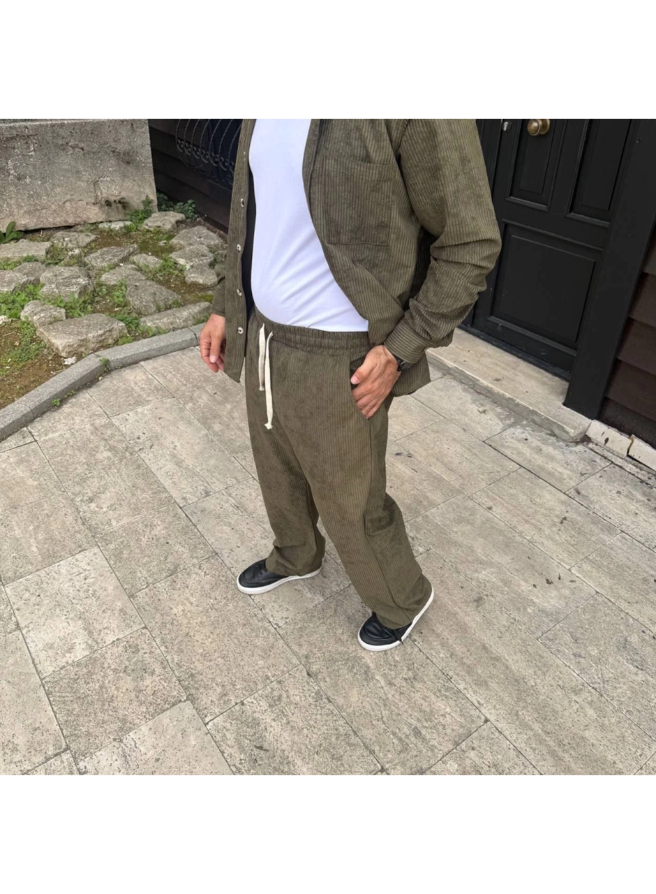 Erkek Fitilli Kadife Cepli Buggy Pantolon Oversize Rahat Kalıp - Haki