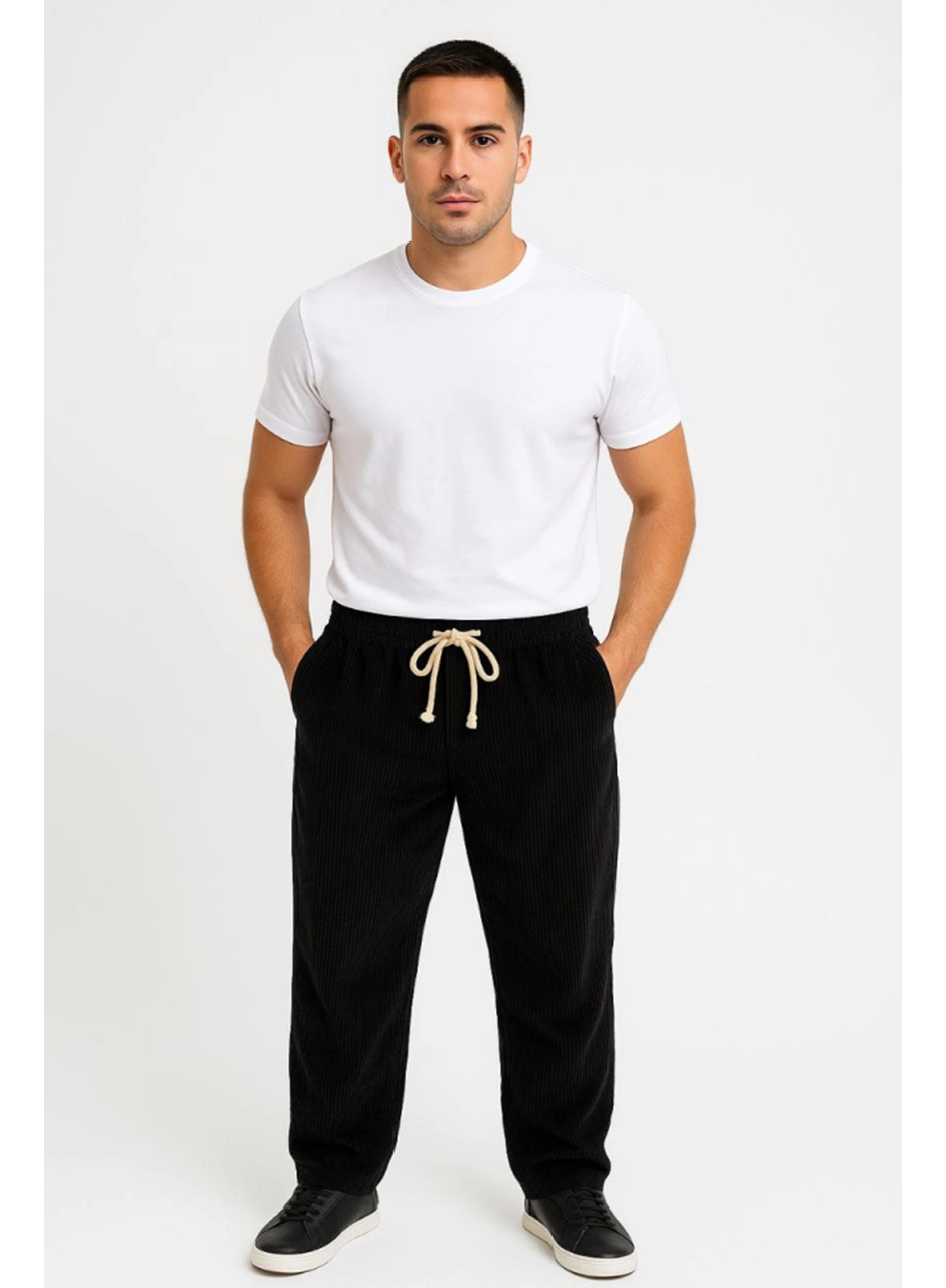Erkek Fitilli Kadife Cepli Buggy Pantolon Oversize Rahat Kalıp - Siyah