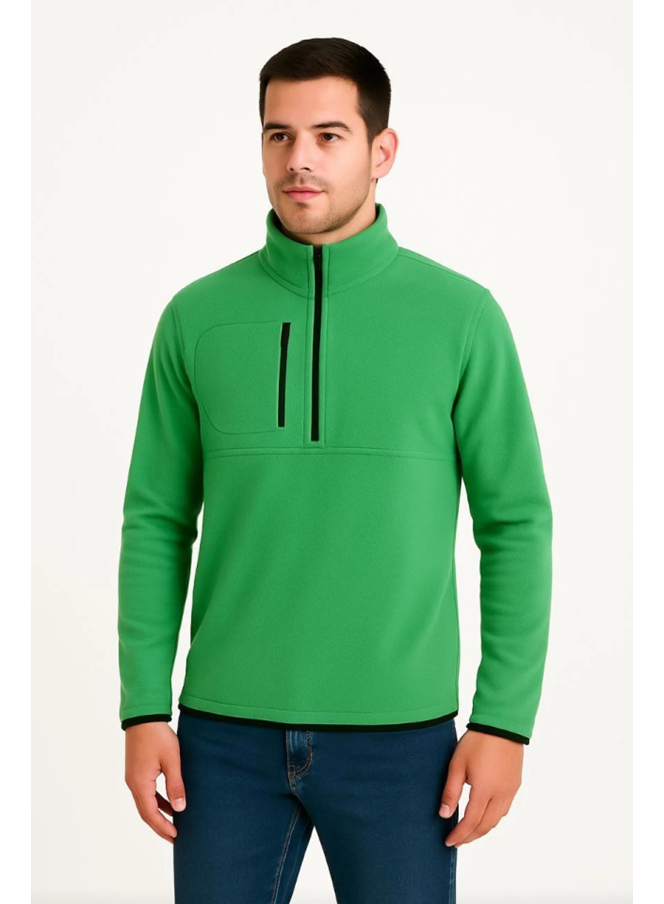 Erkek Polar Kazak – Dik Yaka, Yarım Fermuarlı, Fermuarlı Göğüs Cepli, Siyah Biyeli, Kışlık Rahat Regular Fit Günlük Model - Yeşil