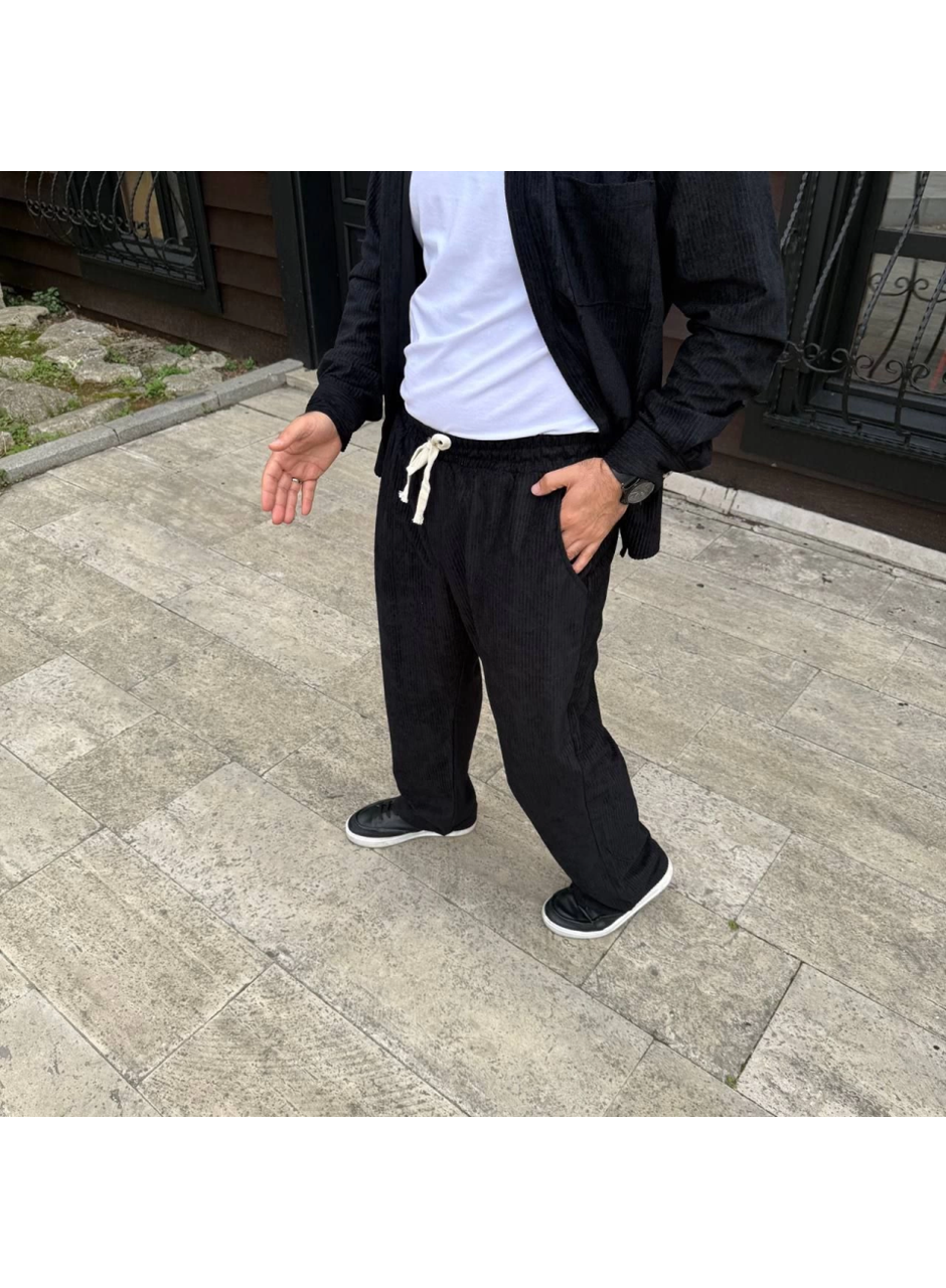Erkek Fitilli Kadife Cepli Buggy Pantolon Oversize Rahat Kalıp - Siyah