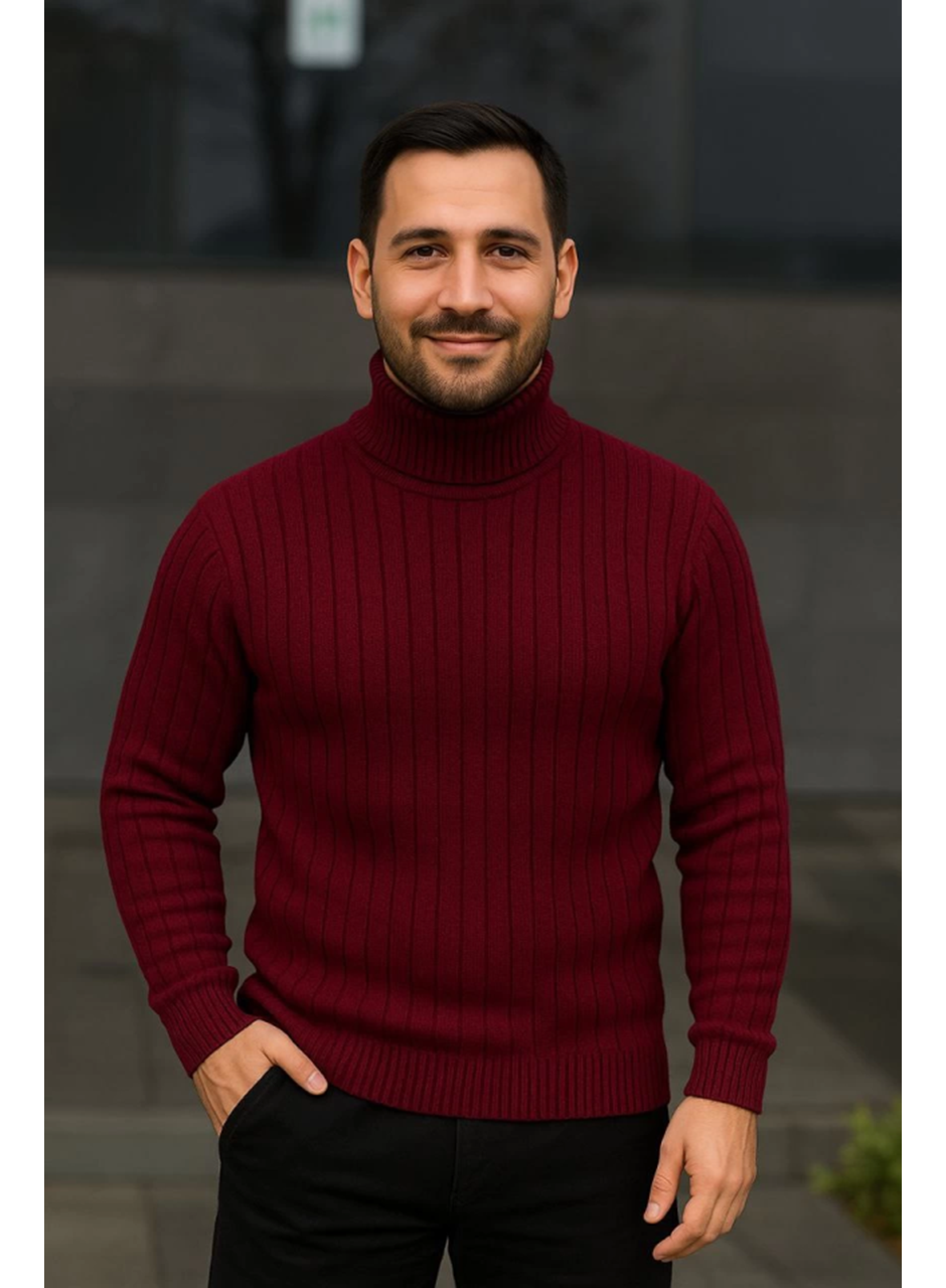 Erkek Balıkcı Yaka Bağazlı Triko Kazak Pamuklu Kalın Fitilli Dokuma, Regular Fit Uzun Kollu Kışlık Model - Bordo