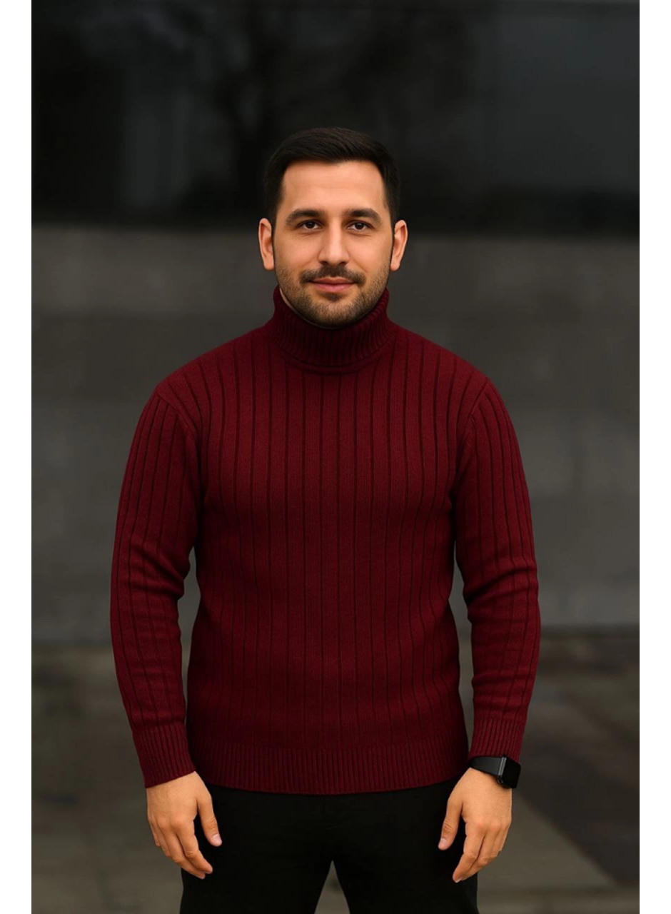 Erkek Balıkcı Yaka Bağazlı Triko Kazak Pamuklu Kalın Fitilli Dokuma, Regular Fit Uzun Kollu Kışlık Model - Bordo