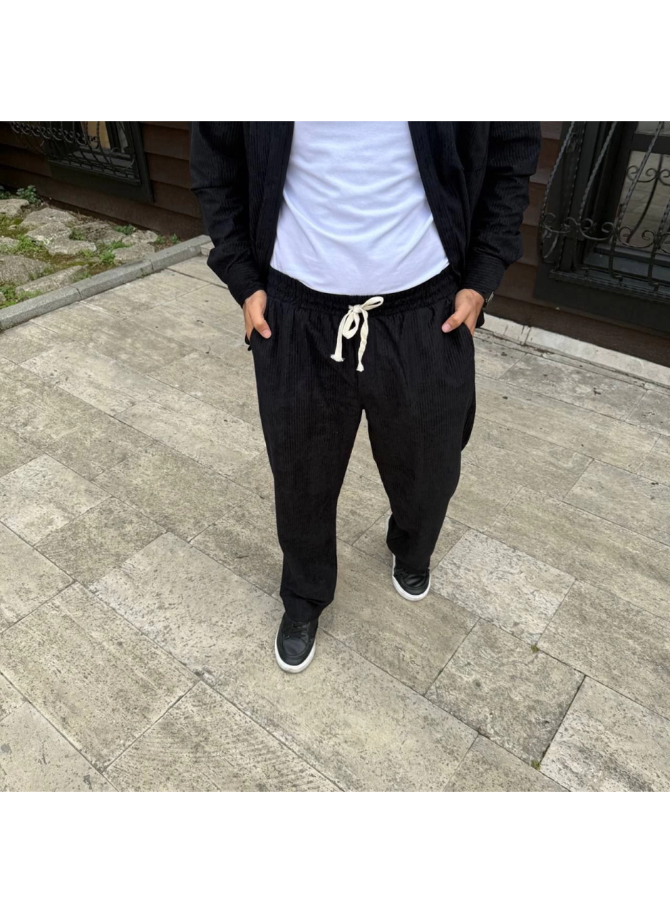 Erkek Fitilli Kadife Cepli Buggy Pantolon Oversize Rahat Kalıp - Siyah