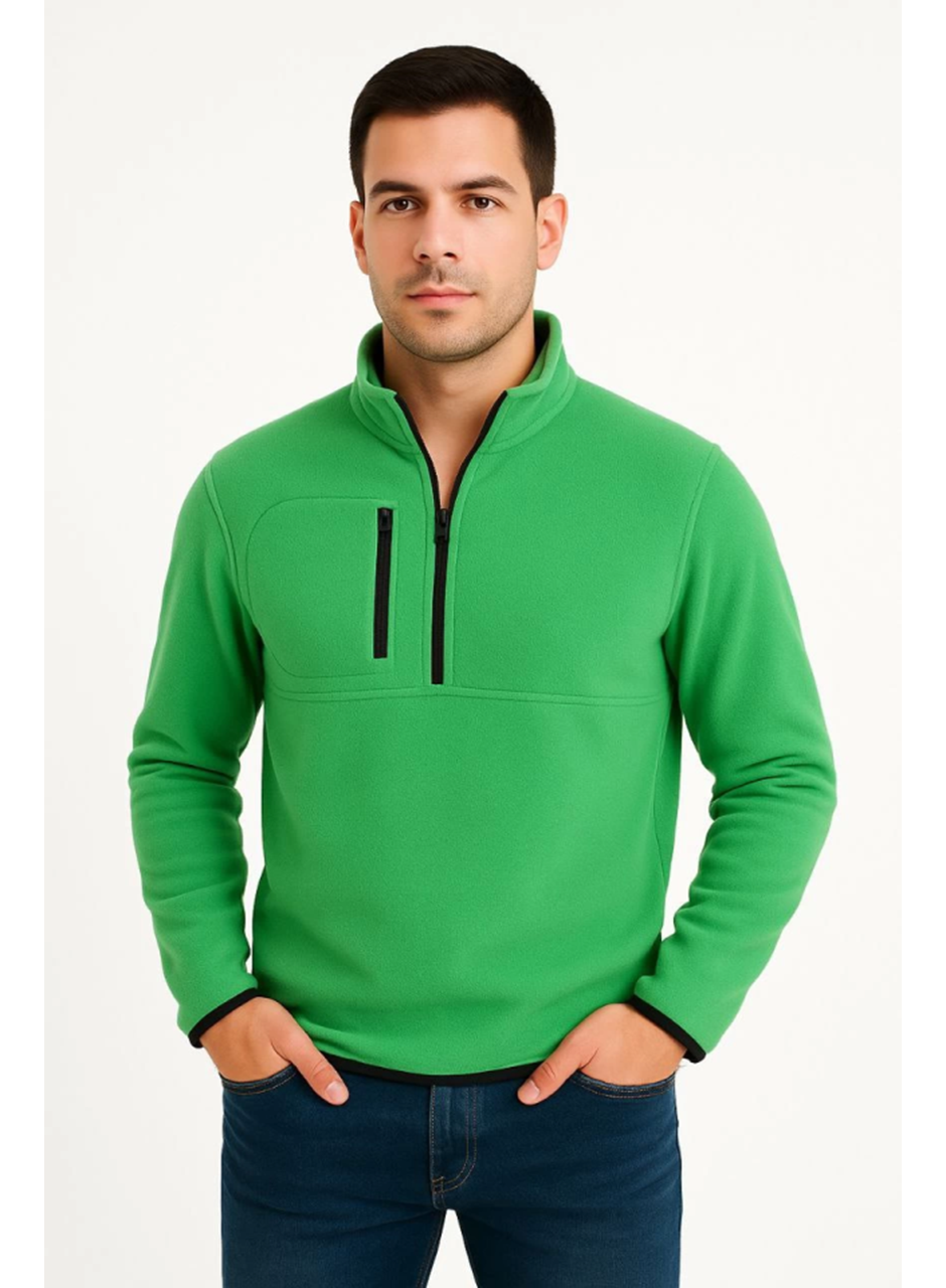 Erkek Polar Kazak – Dik Yaka, Yarım Fermuarlı, Fermuarlı Göğüs Cepli, Siyah Biyeli, Kışlık Rahat Regular Fit Günlük Model - Yeşil