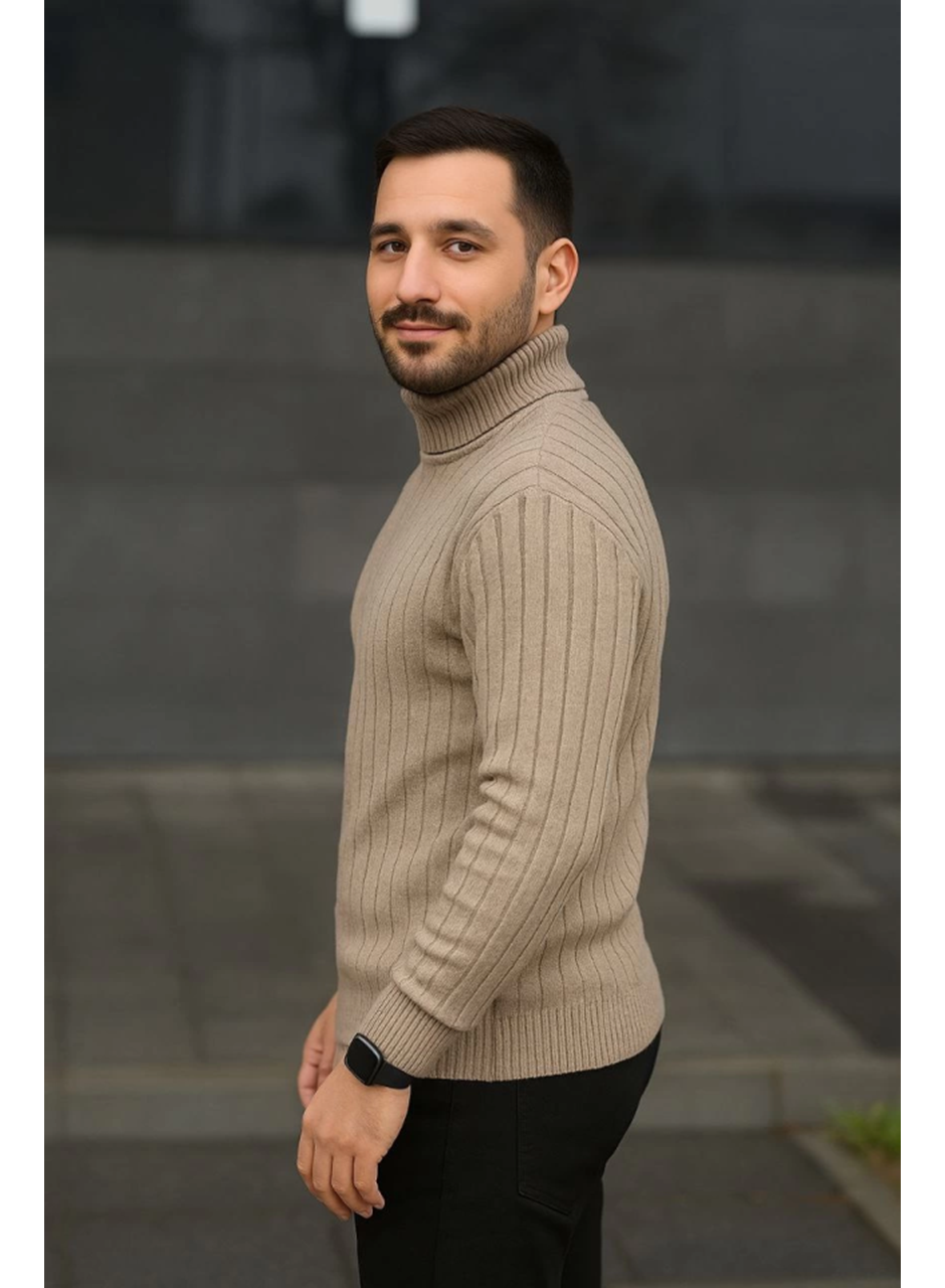 Erkek Balıkcı Yaka Bağazlı Triko Kazak Pamuklu Kalın Fitilli Dokuma, Regular Fit Uzun Kollu Kışlık Model - Bej