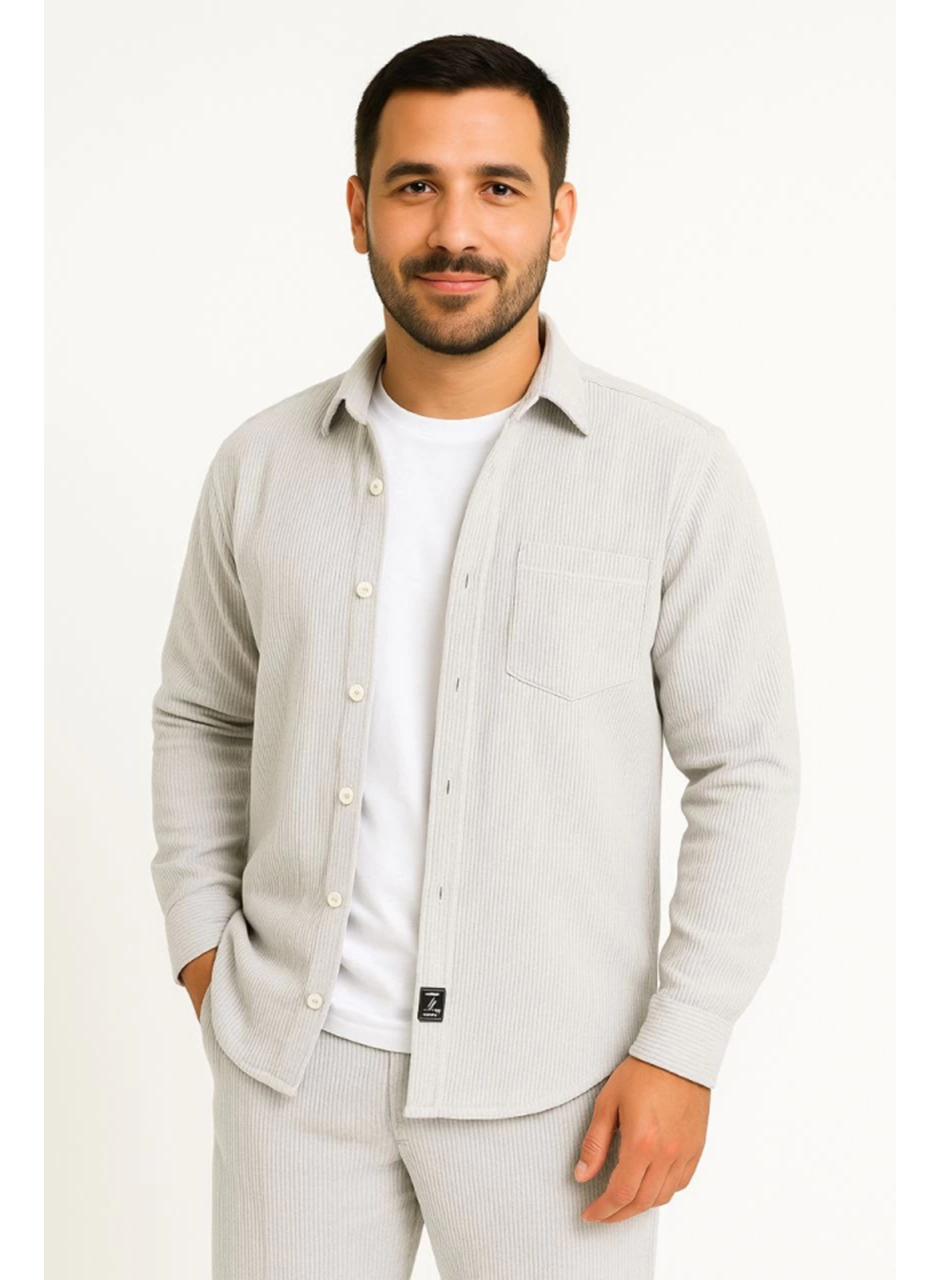 Erkek Fitilli Kadife Cepli Gömlek Oversize Rahat Kalıp - Gri