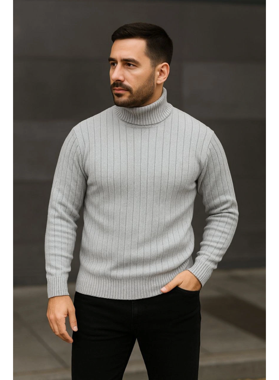 Erkek Fitilli Triko Kazak 3lÜ Set Gri Haki Siyah Regular Balıkcı Yaka Tam Boğazlı Triko Seti Modeli Kazak