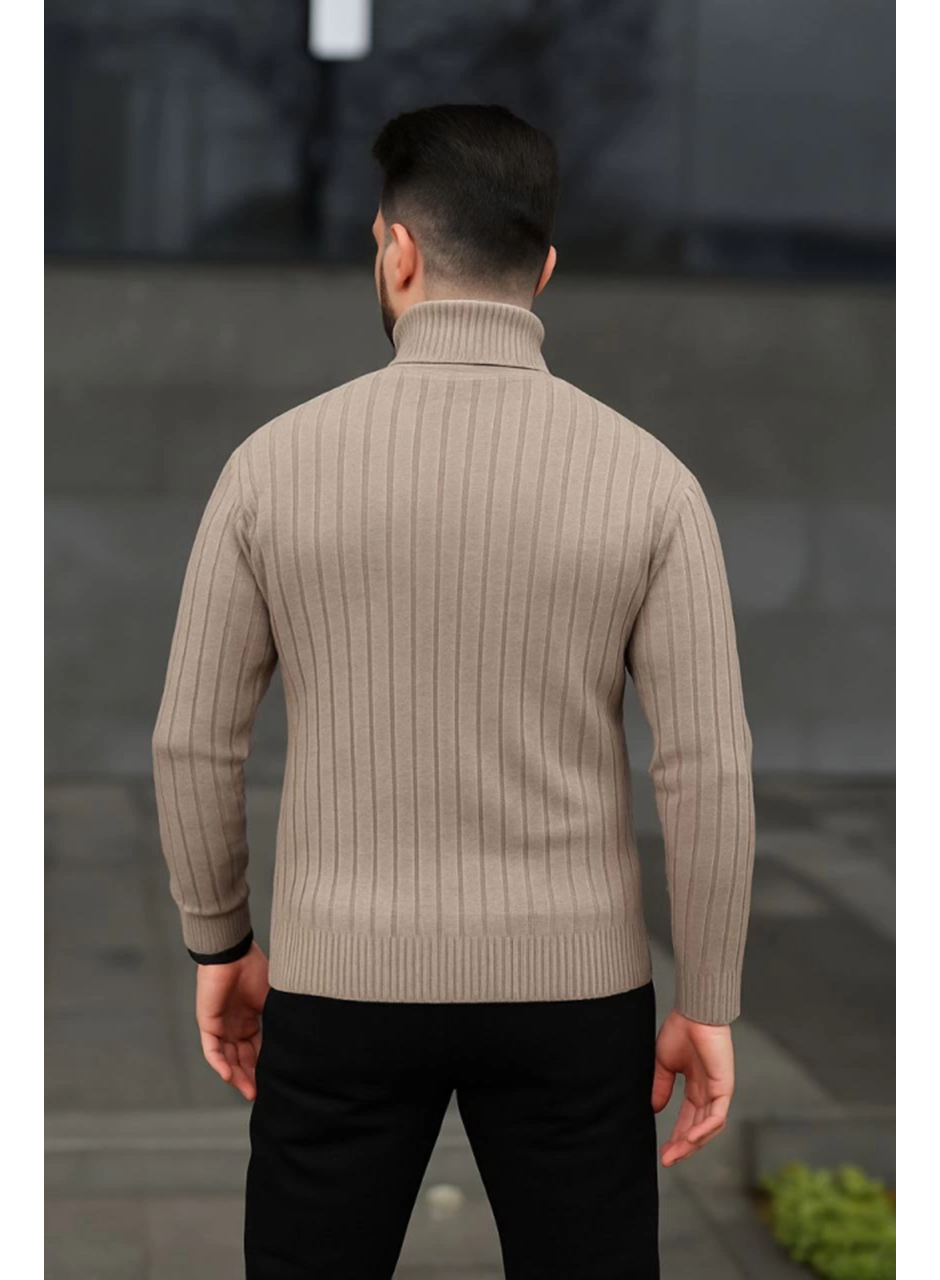 Erkek Balıkcı Yaka Bağazlı Triko Kazak Pamuklu Kalın Fitilli Dokuma, Regular Fit Uzun Kollu Kışlık Model - Bej
