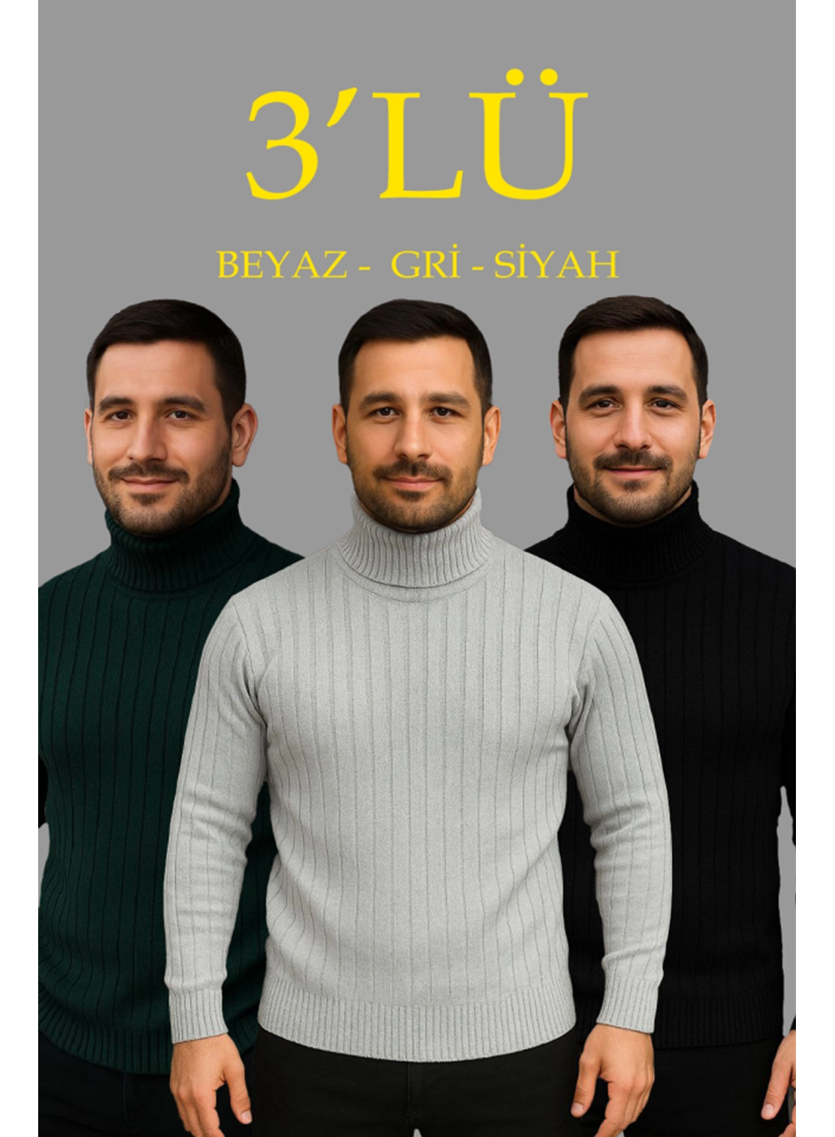 Erkek Fitilli Triko Kazak 3lÜ Set Gri Haki Siyah Regular Balıkcı Yaka Tam Boğazlı Triko Seti Modeli Kazak
