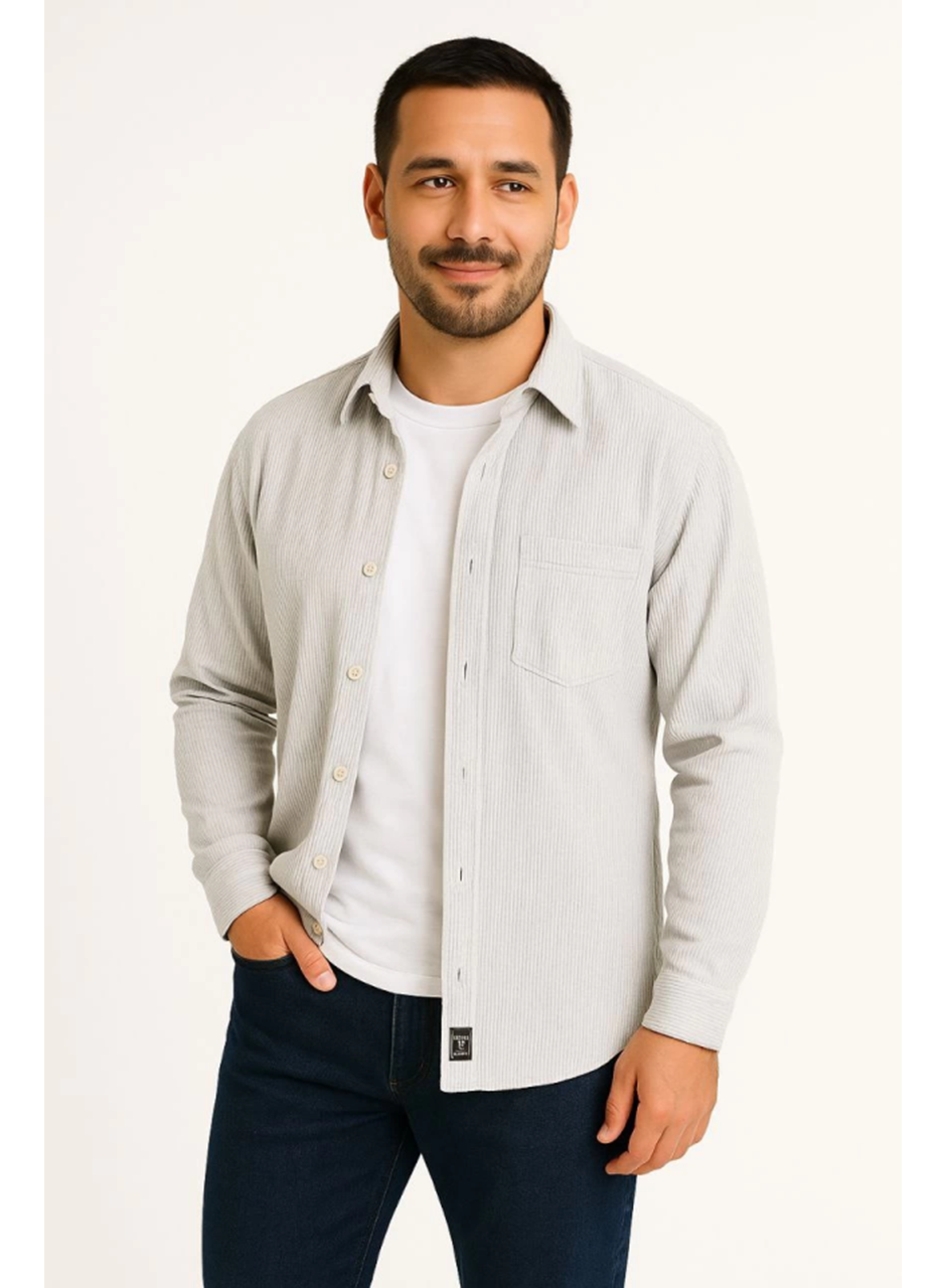 Erkek Fitilli Kadife Cepli Gömlek Oversize Rahat Kalıp - Gri