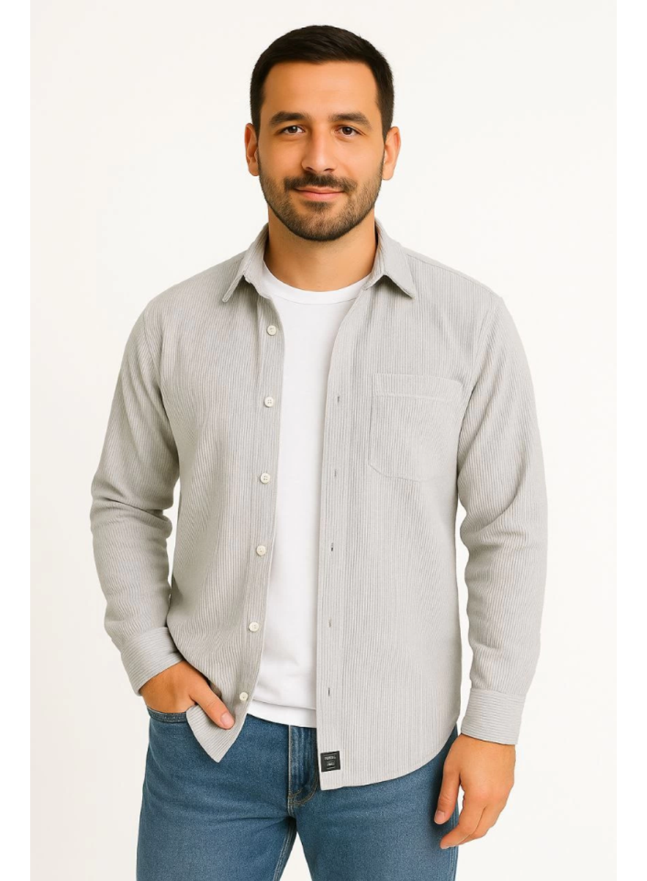Erkek Fitilli Kadife Cepli Gömlek Oversize Rahat Kalıp - Gri