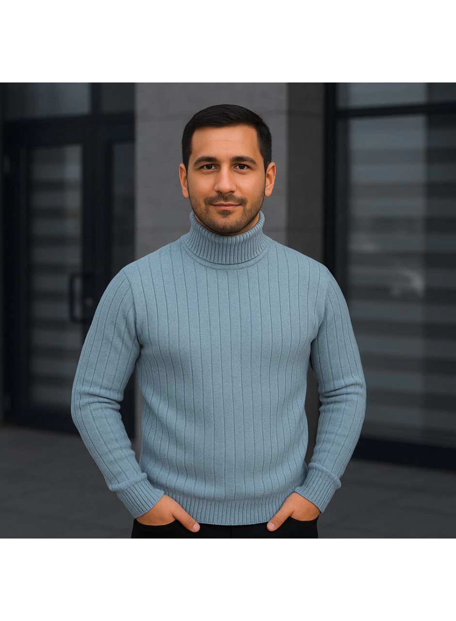 Erkek Balıkcı Yaka Bağazlı Triko Kazak Pamuklu Kalın Fitilli Dokuma, Regular Fit Uzun Kollu Kışlık Model - Bebe Mavisi