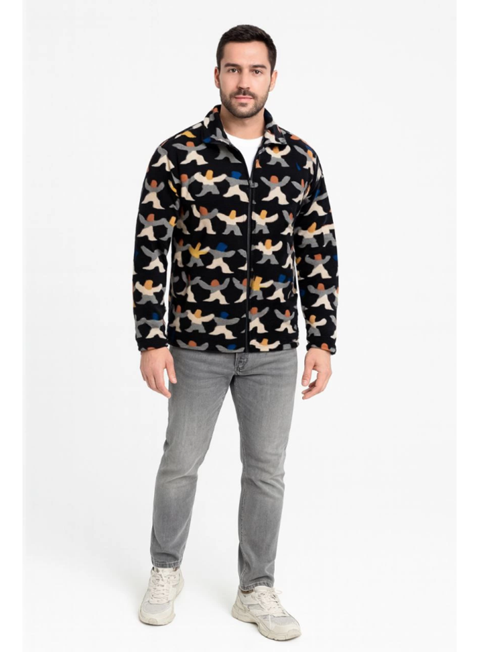 Erkek Tam Fermuarlı Desenli Polar Sweat – Siyah Multicolor Figür Desen Yakalı, Uzun Kollu, Oversize Rahat Kalıp- Siyah