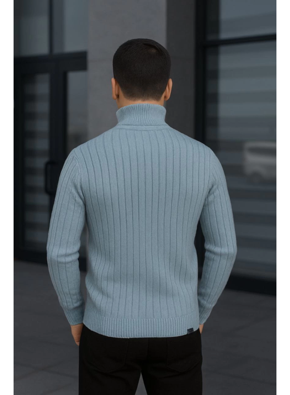 Erkek Balıkcı Yaka Bağazlı Triko Kazak Pamuklu Kalın Fitilli Dokuma, Regular Fit Uzun Kollu Kışlık Model - Bebe Mavisi