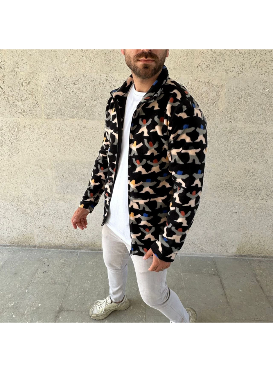Erkek Tam Fermuarlı Desenli Polar Sweat – Siyah Multicolor Figür Desen Yakalı, Uzun Kollu, Oversize Rahat Kalıp- Siyah