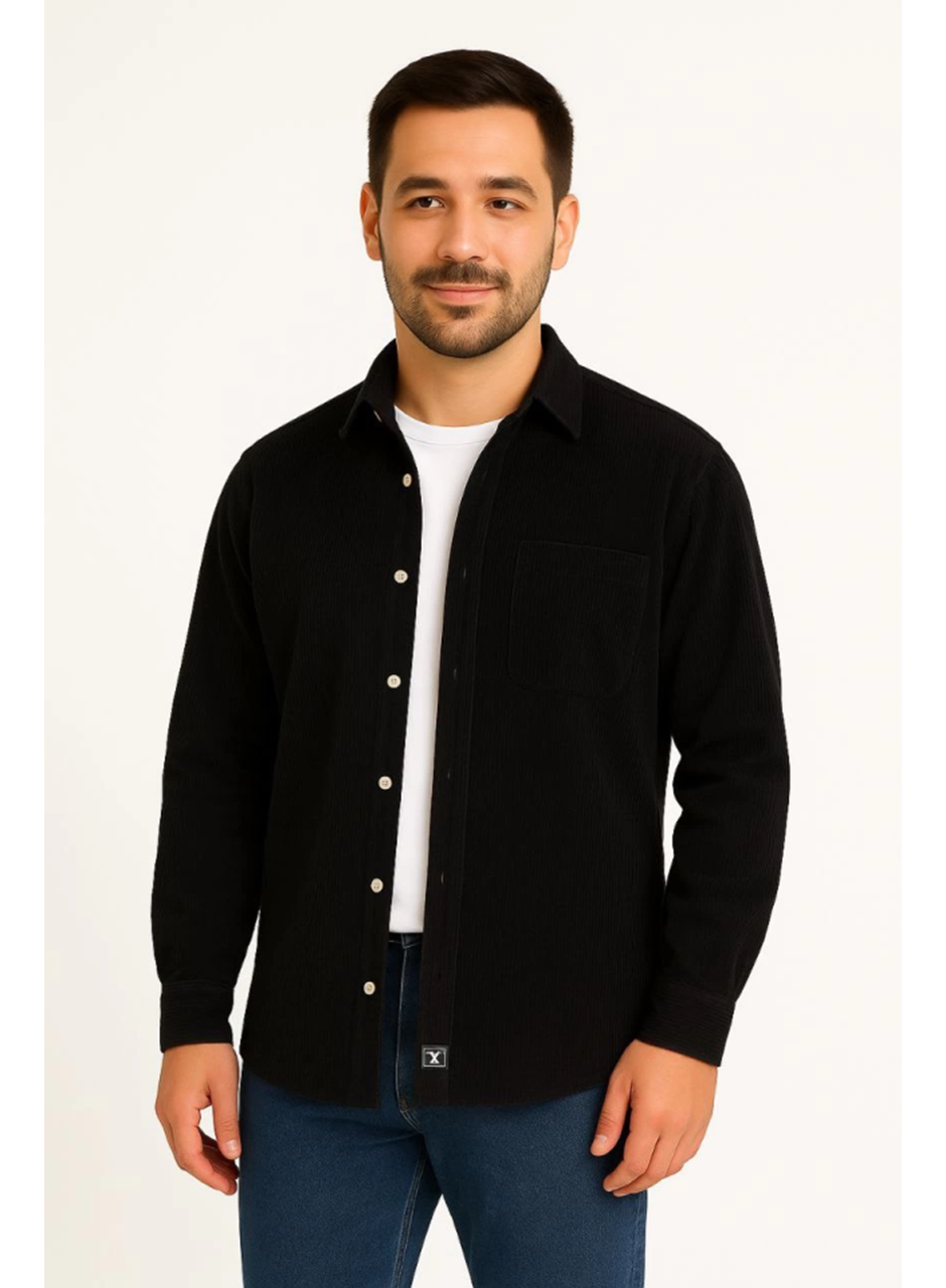 Erkek Fitilli Kadife Cepli Gömlek Oversize Rahat Kalıp - Siyah