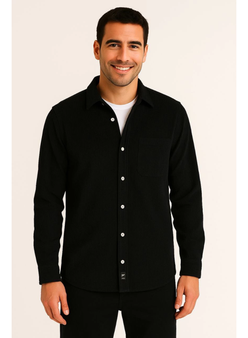 Erkek Fitilli Kadife Cepli Gömlek Oversize Rahat Kalıp - Siyah