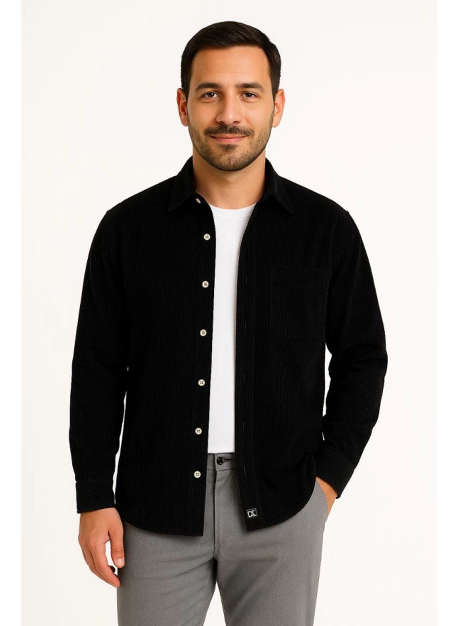 Erkek Fitilli Kadife Cepli Gömlek Oversize Rahat Kalıp - Siyah