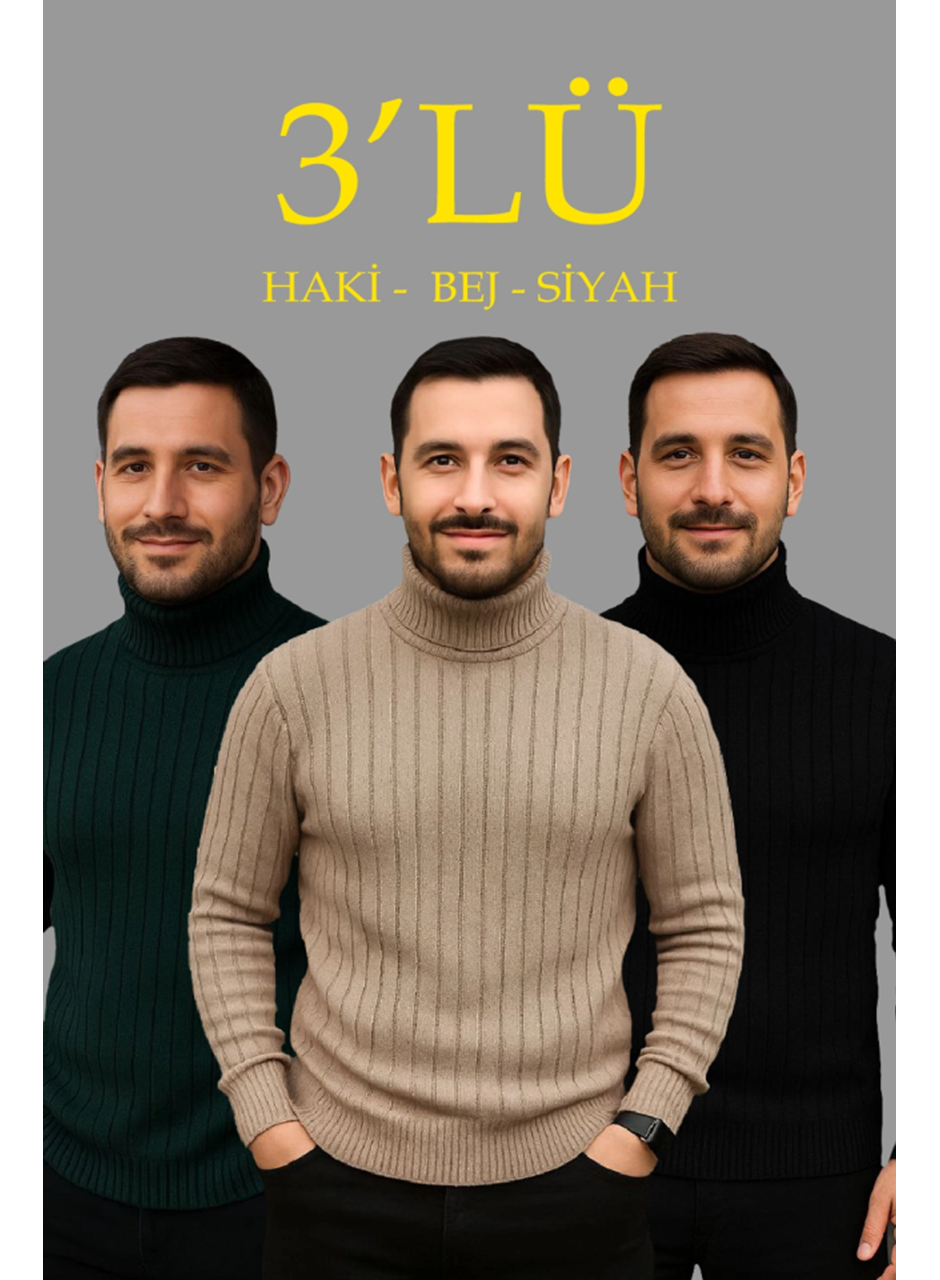 Erkek Fitilli Triko Kazak 3lÜ Set Bej Haki Siyah Regular Balıkcı Yaka Tam Boğazlı Triko Seti Modeli Kazak