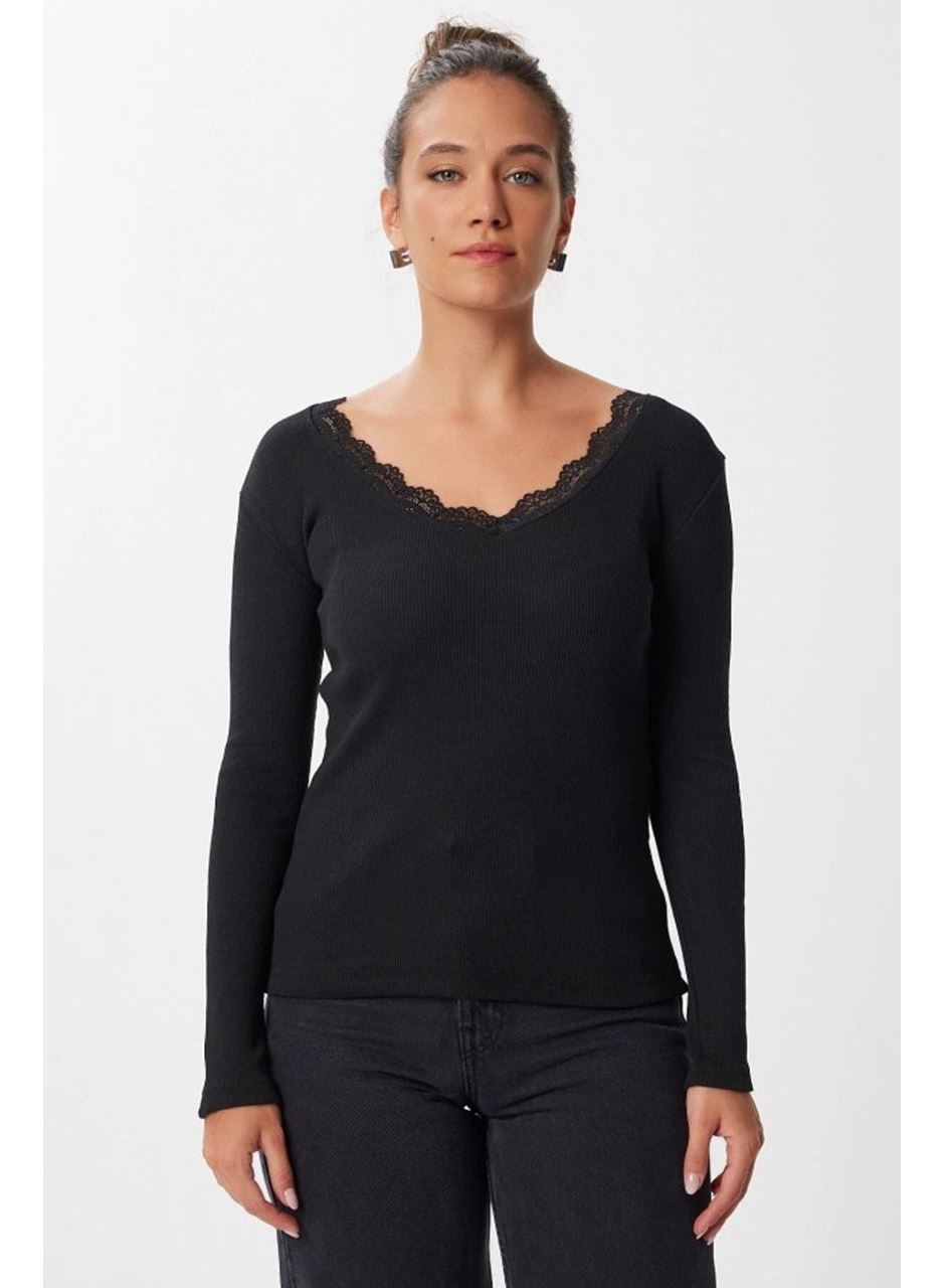 Kadın Dantel Detay V Yaka Kaskorse Kumaş Bluz