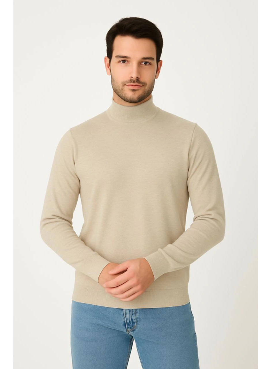 Erkek Yarım Boğaz Triko Kazak Yumuşak Dokulu Pamuklu Ince Dokuma, Uzun Kollu Rahat Regular Kalıp - Bej