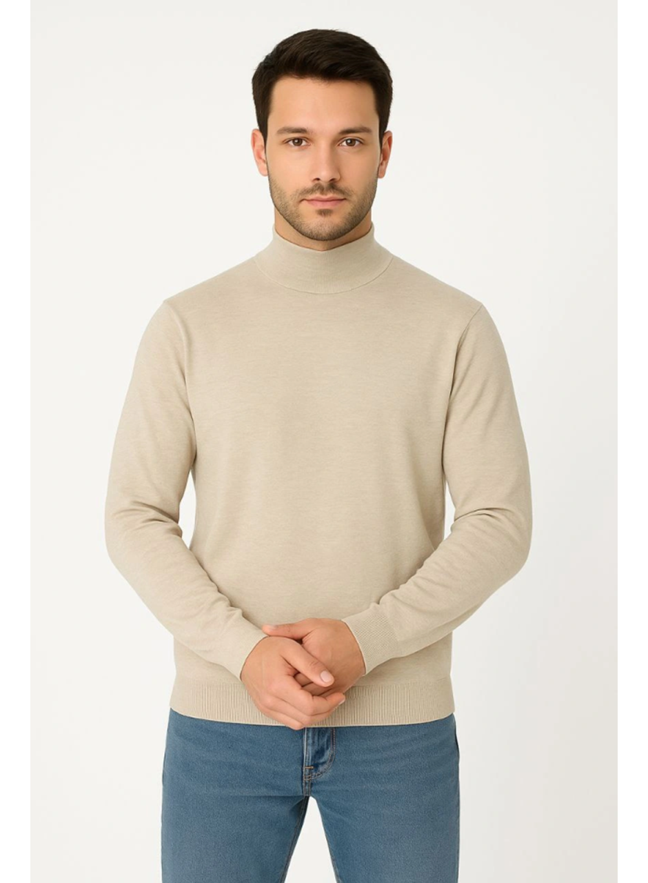 Erkek Yarım Boğaz Triko Kazak Yumuşak Dokulu Pamuklu Ince Dokuma, Uzun Kollu Rahat Regular Kalıp - Bej