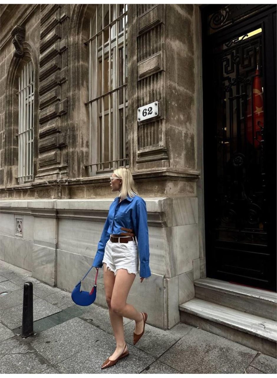 GÖMLEK POPLİN CROP YAN ÇİFT KEMER DETAYLI - Mavi