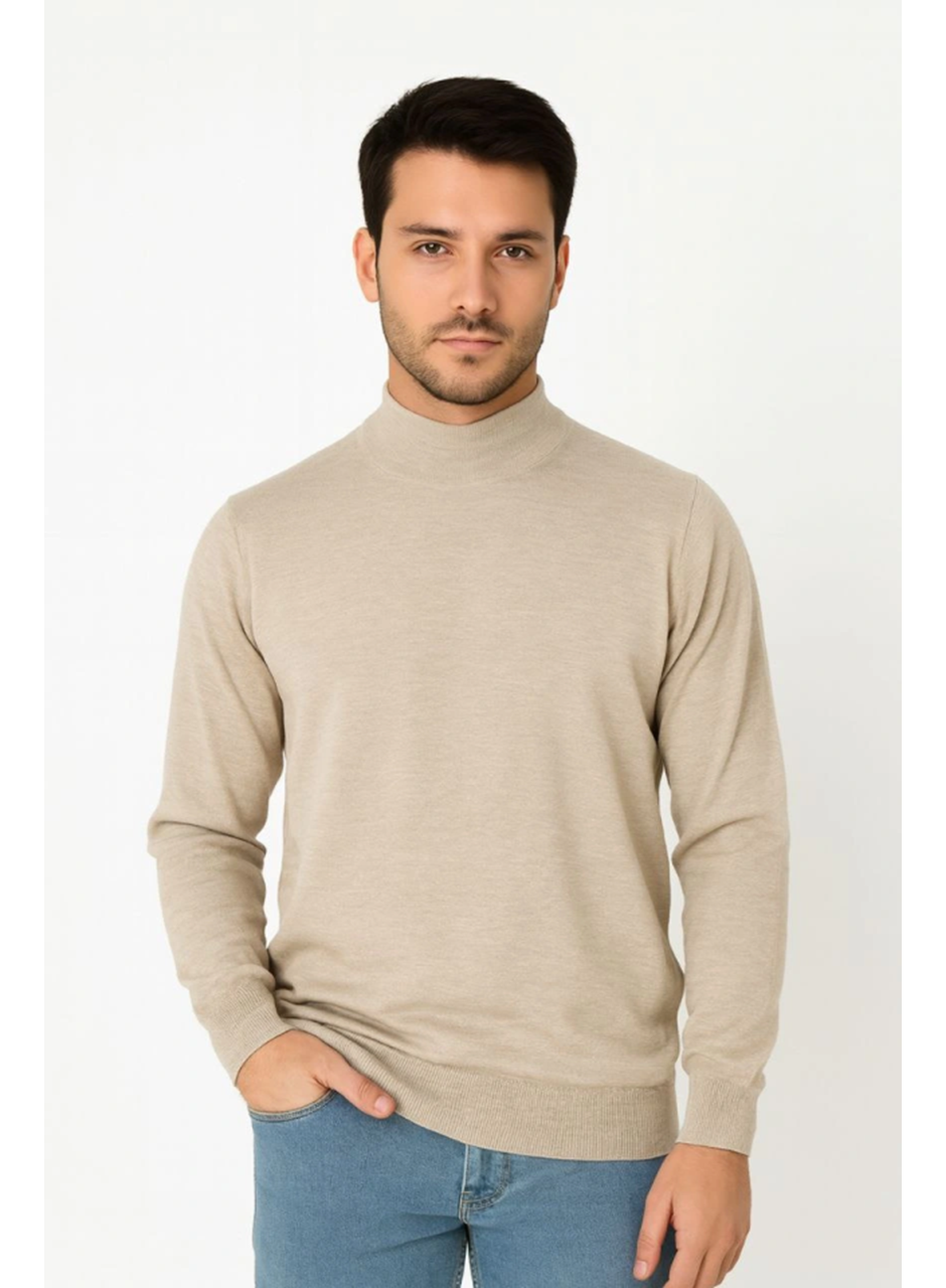 Erkek Yarım Boğaz Triko Kazak Yumuşak Dokulu Pamuklu Ince Dokuma, Uzun Kollu Rahat Regular Kalıp - Bej