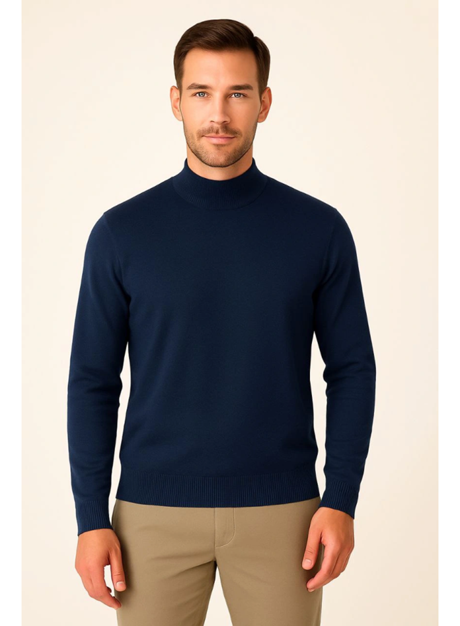 Erkek Yarım Boğaz Triko Kazak Yumuşak Dokulu Pamuklu Ince Dokuma, Uzun Kollu Rahat Regular Kalıp - Lacivert