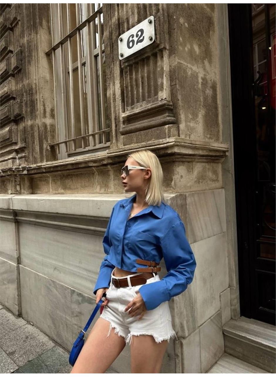 GÖMLEK POPLİN CROP YAN ÇİFT KEMER DETAYLI - Mavi