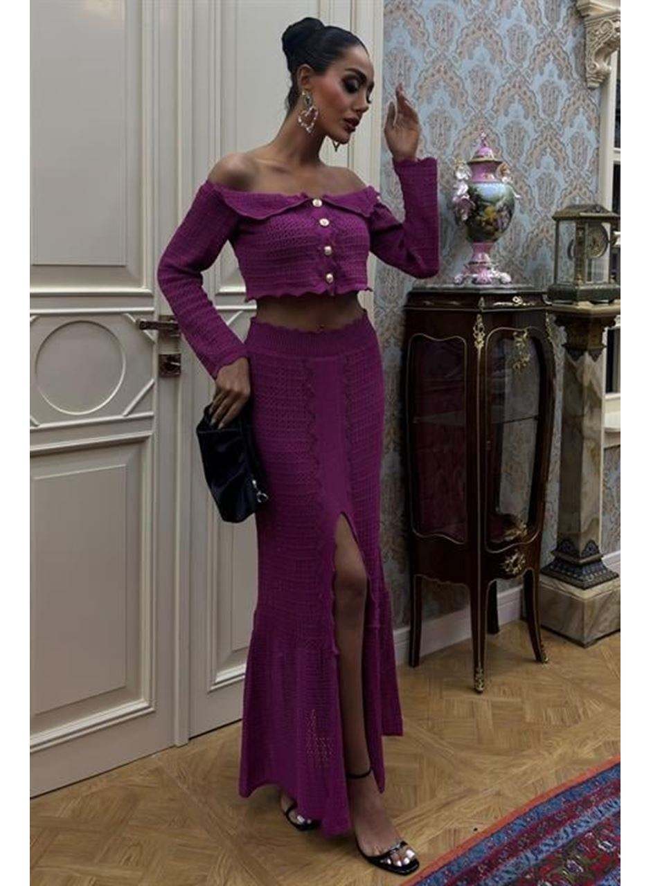 Madonna Yaka Derin Yırtmaç Etekli Şık Triko Takım 10099