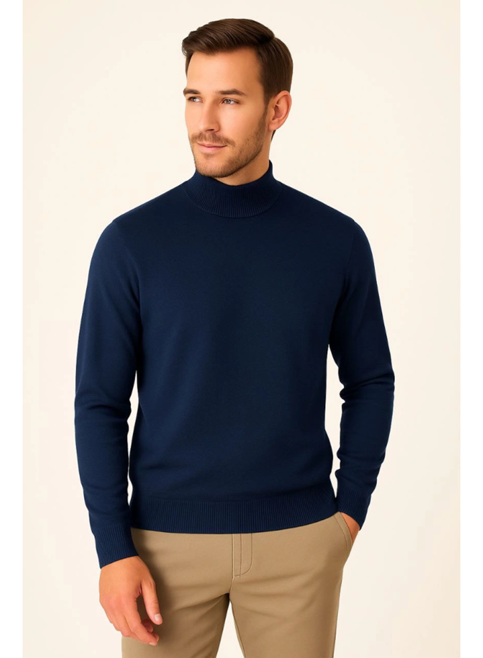 Erkek Yarım Boğaz Triko Kazak Yumuşak Dokulu Pamuklu Ince Dokuma, Uzun Kollu Rahat Regular Kalıp - Lacivert