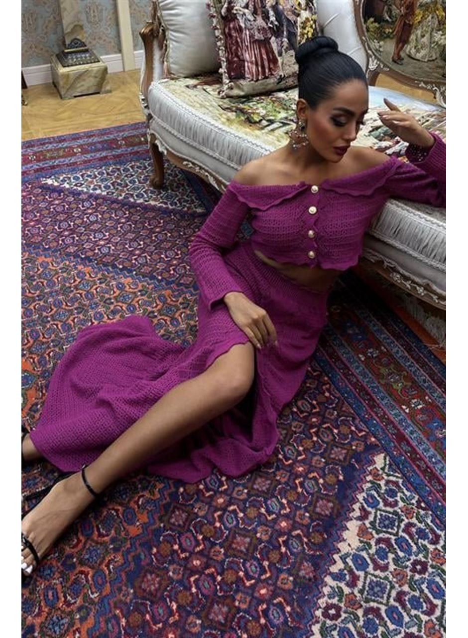 Madonna Yaka Derin Yırtmaç Etekli Şık Triko Takım 10099