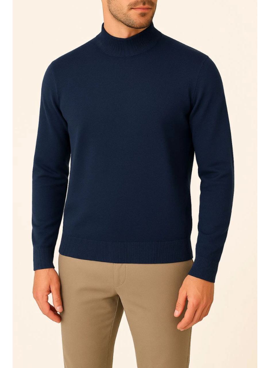 Erkek Yarım Boğaz Triko Kazak Yumuşak Dokulu Pamuklu Ince Dokuma, Uzun Kollu Rahat Regular Kalıp - Lacivert