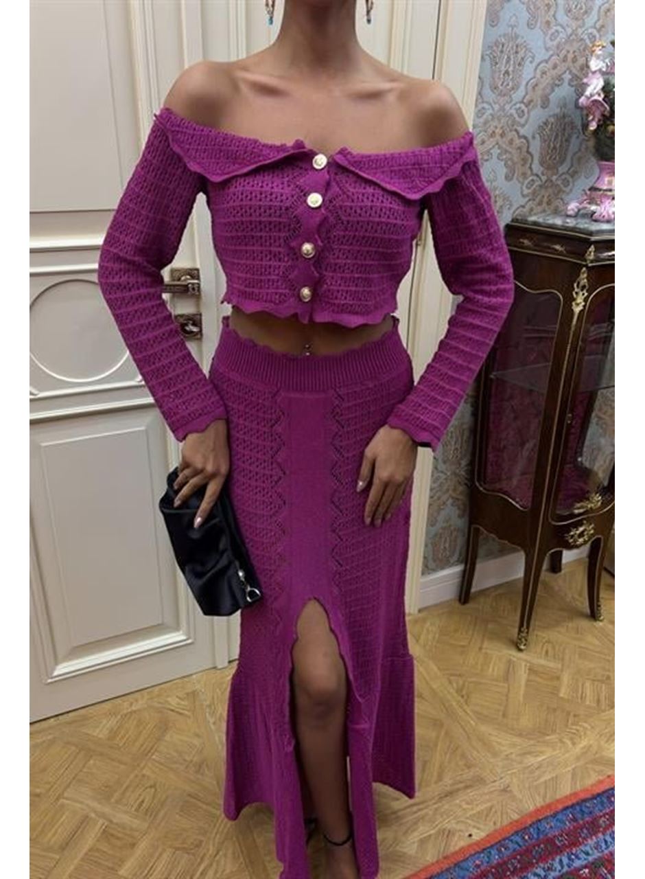 Madonna Yaka Derin Yırtmaç Etekli Şık Triko Takım 10099