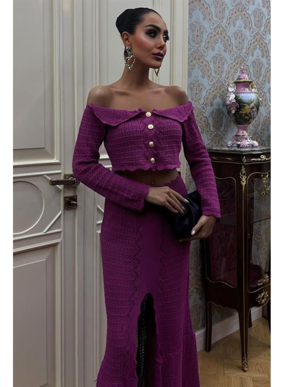 Madonna Yaka Derin Yırtmaç Etekli Şık Triko Takım 10099