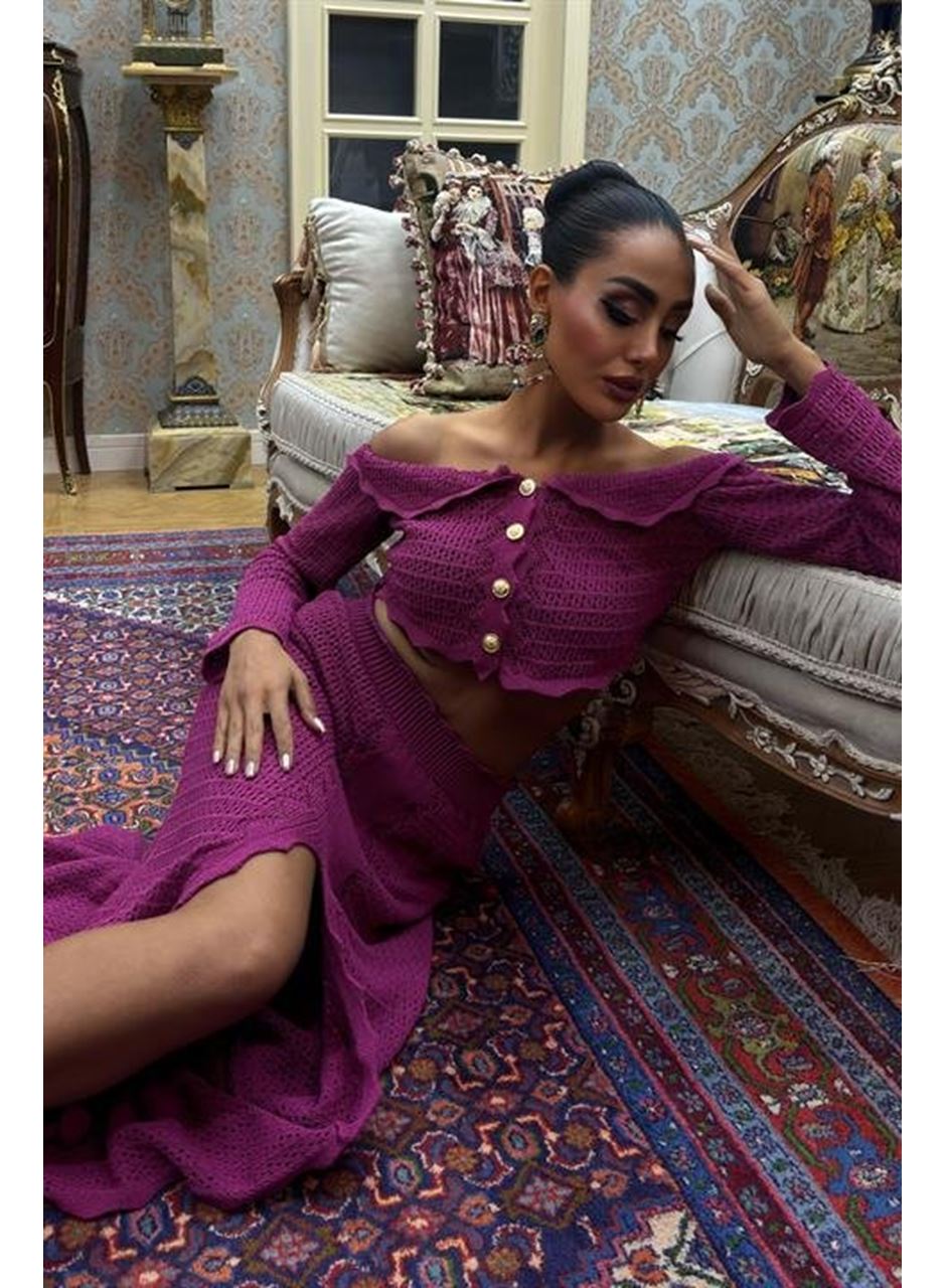 Madonna Yaka Derin Yırtmaç Etekli Şık Triko Takım 10099