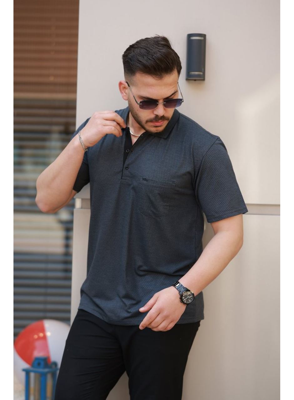 Erkek Yakalı Mini Jakarlı Kısa Kollu T-shirt
