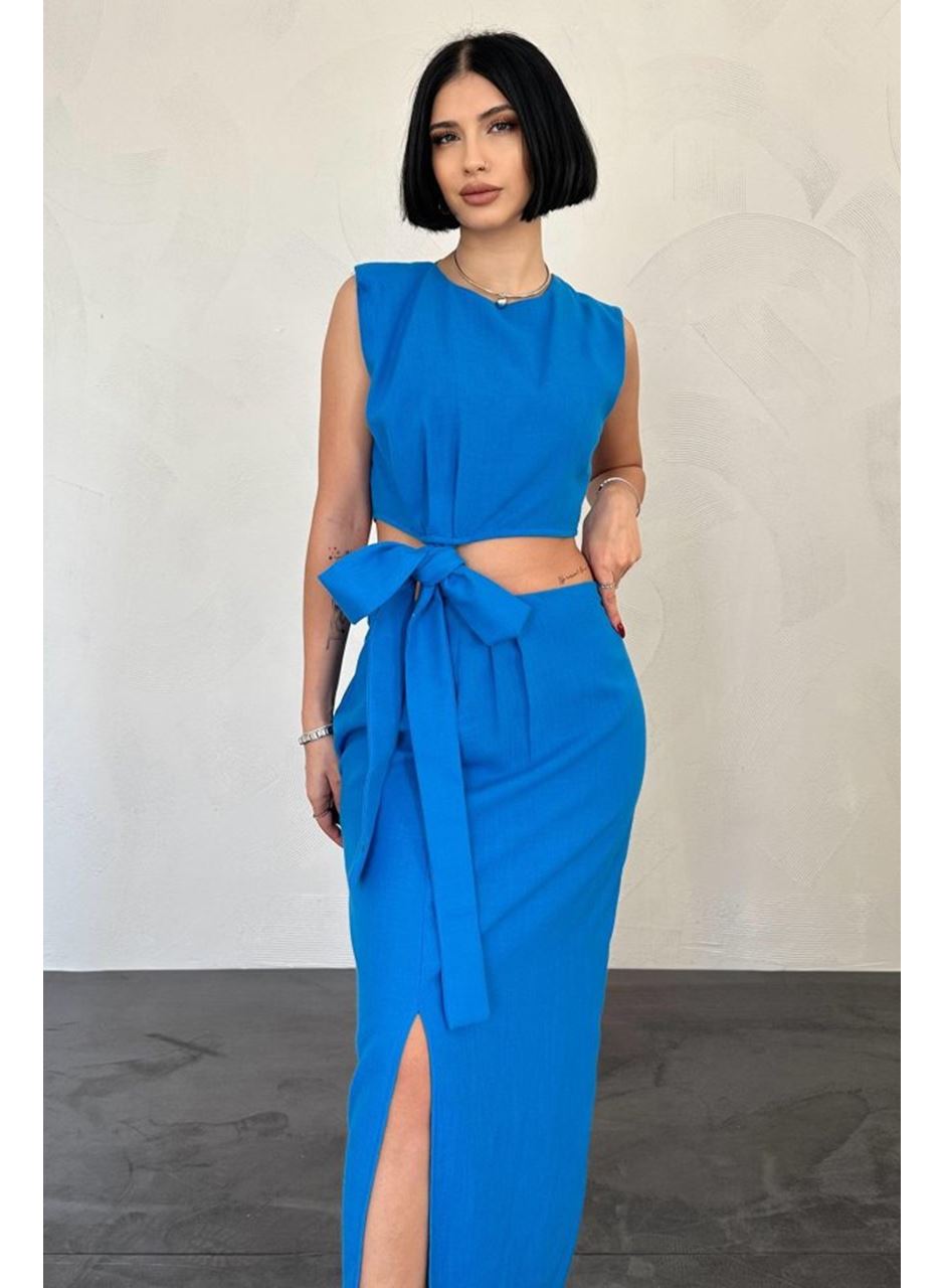 Turkuaz Kuşaklı Crop Ve Etek Takım