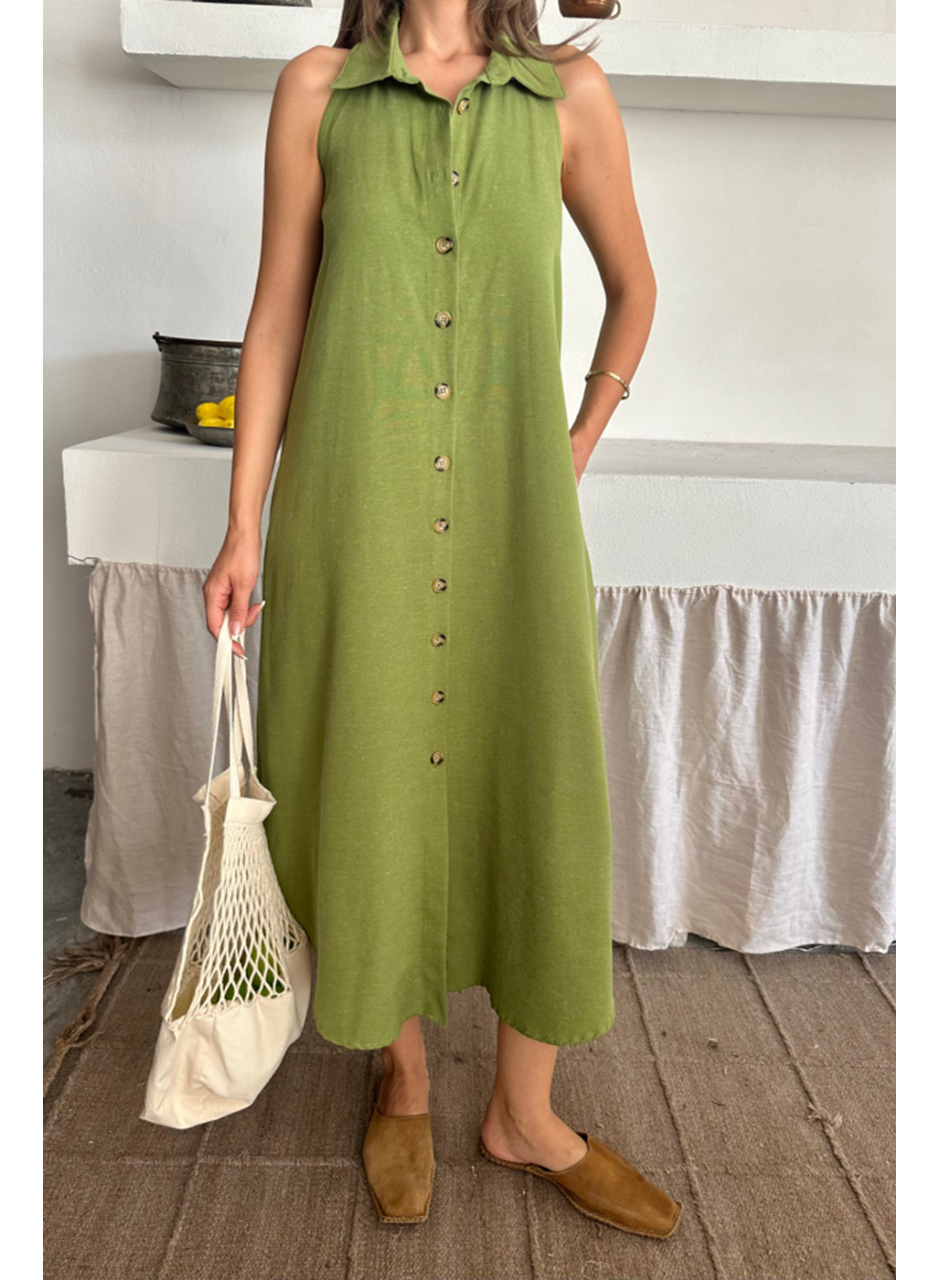 KETEN ÖNDEN DÜĞMELİ KOLSUZ GÖMLEK YAKA ELBİSE - Yağ Yeşili