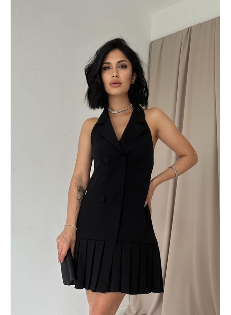 Siyah Sırtı Açık Ceket Yakalı Elbise